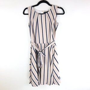 Mela London Dress A Line Striped Sleeveless Belted Beige Size 4